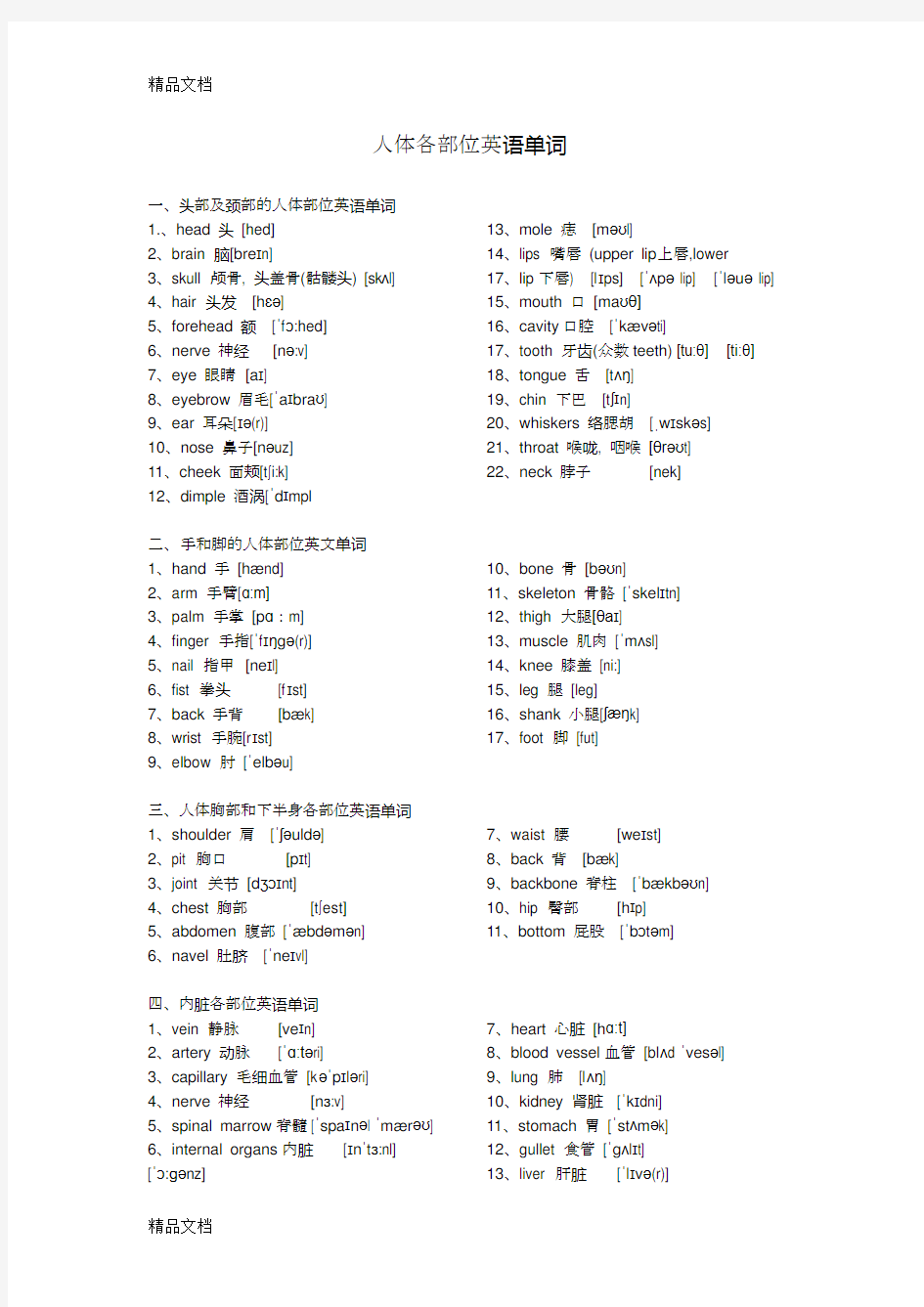 人体各部位英语单词(含音标)教学内容