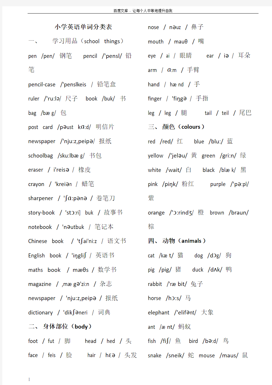 小学英语单词分类表(带音标)短语以及专项练习题