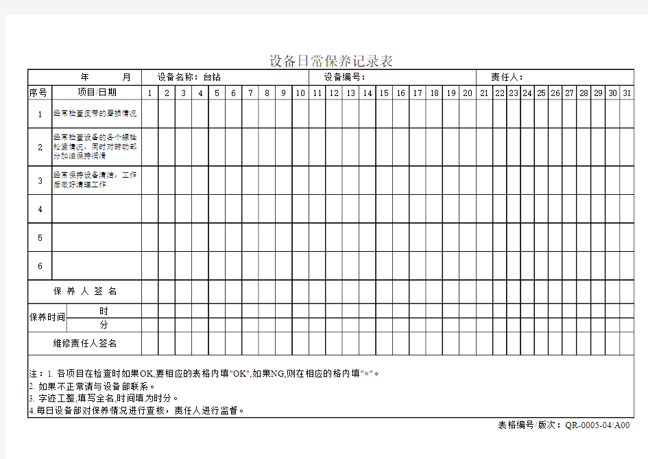 台钻设备日常保养记录表