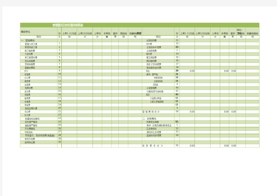 管理费用及财务费用预算表模板