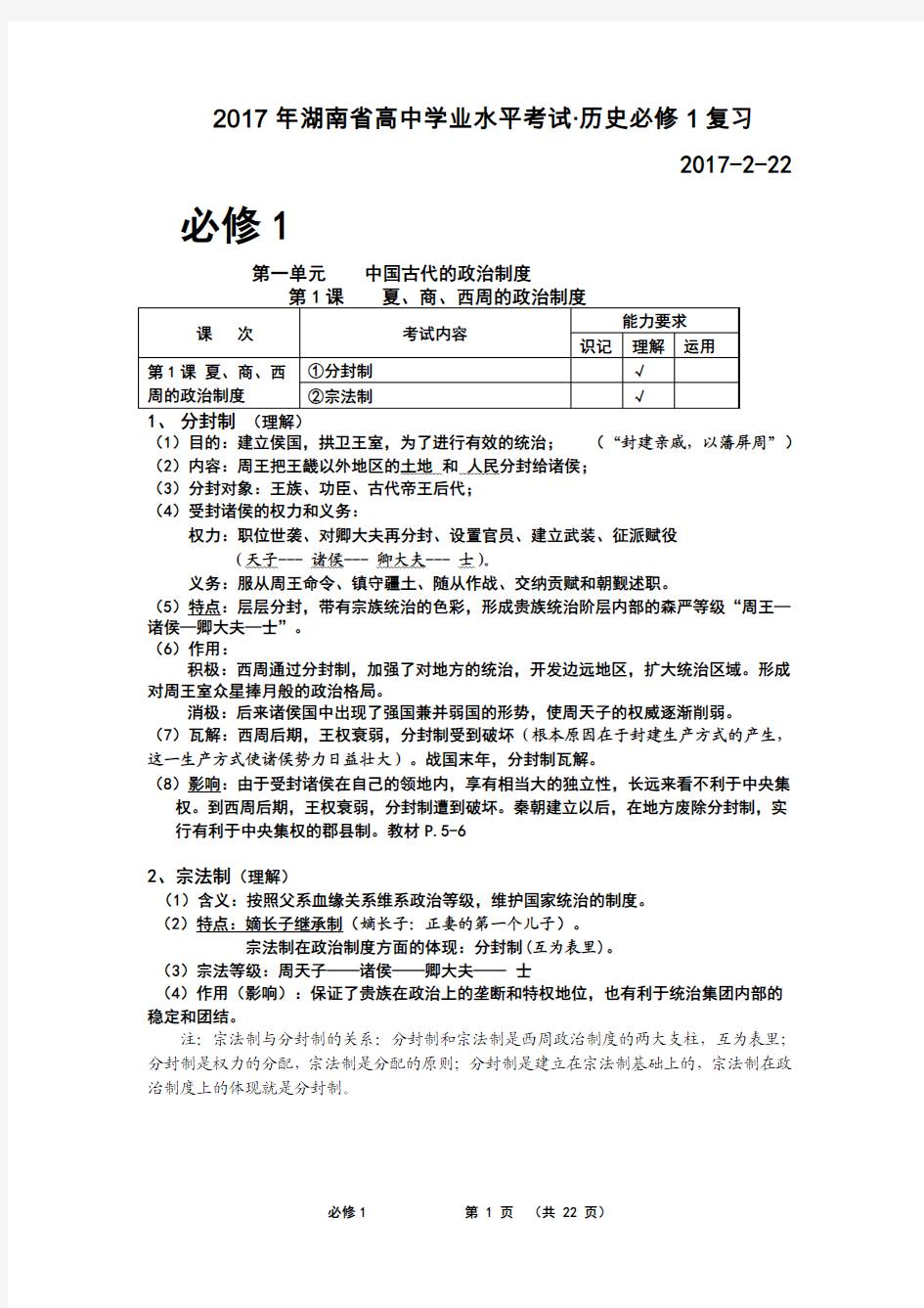 2017年湖南省学业水平测试高中历史必修1复习