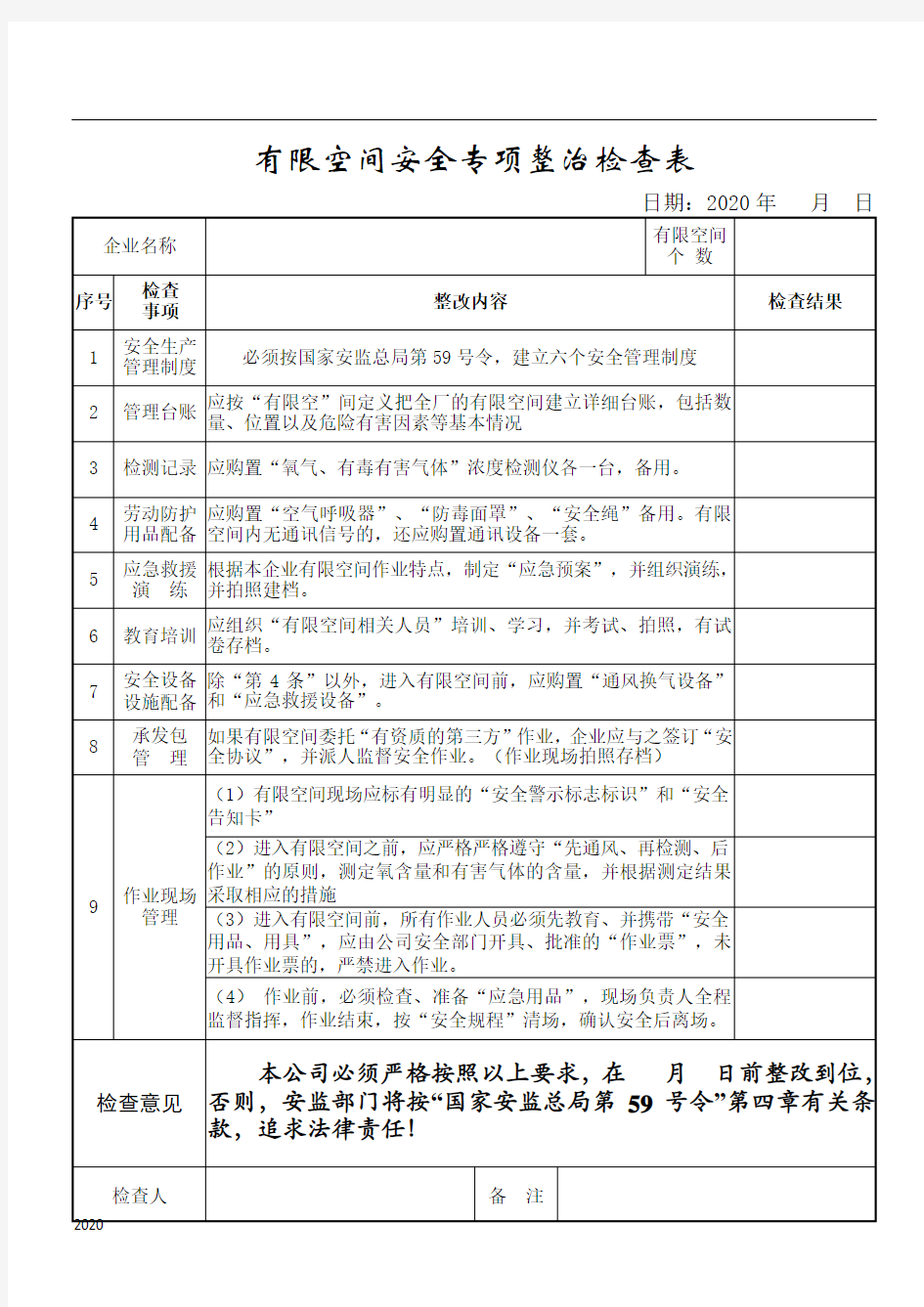 有限空间安全专项整治检查表