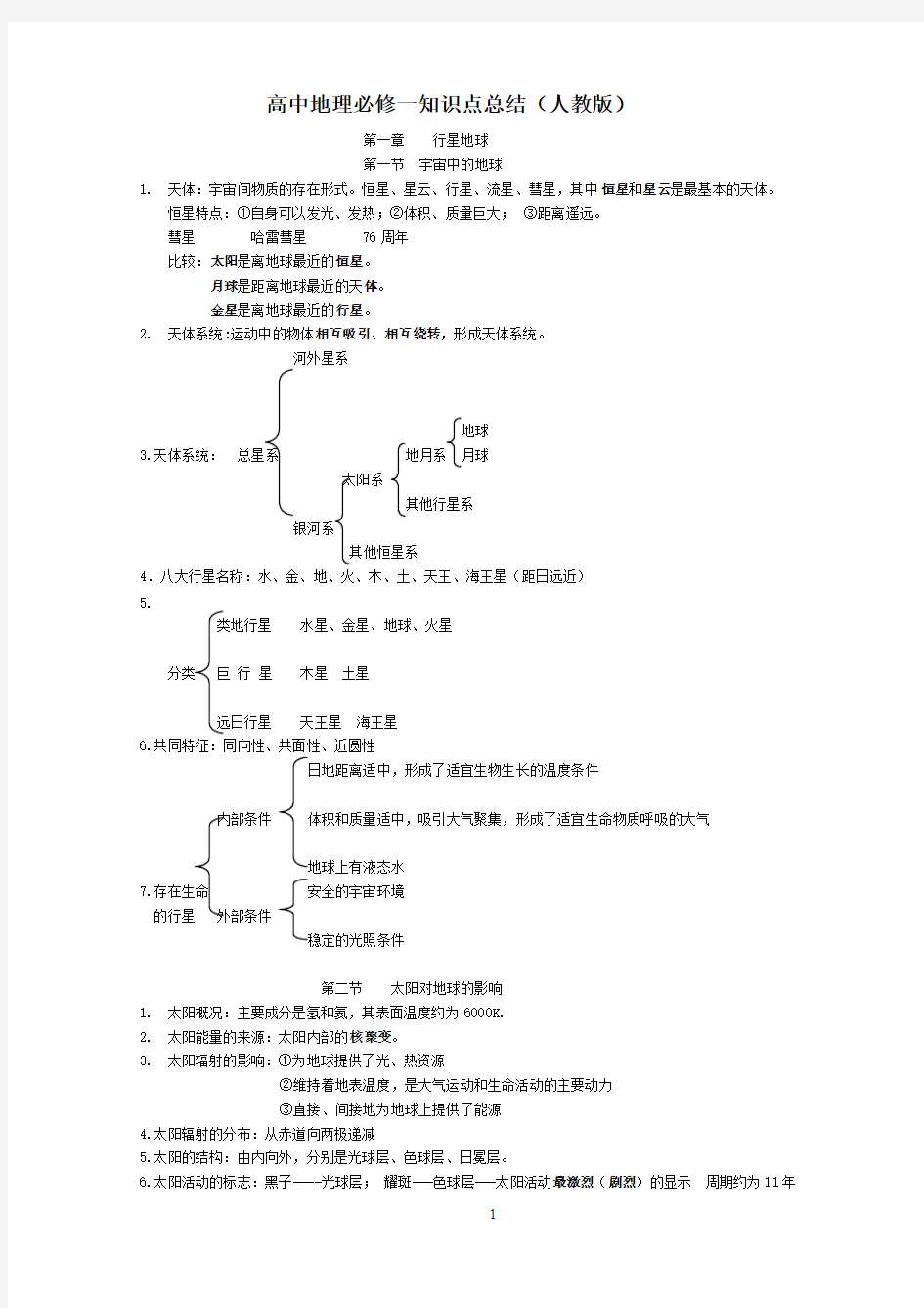 人教版高中地理必修一知识点总结