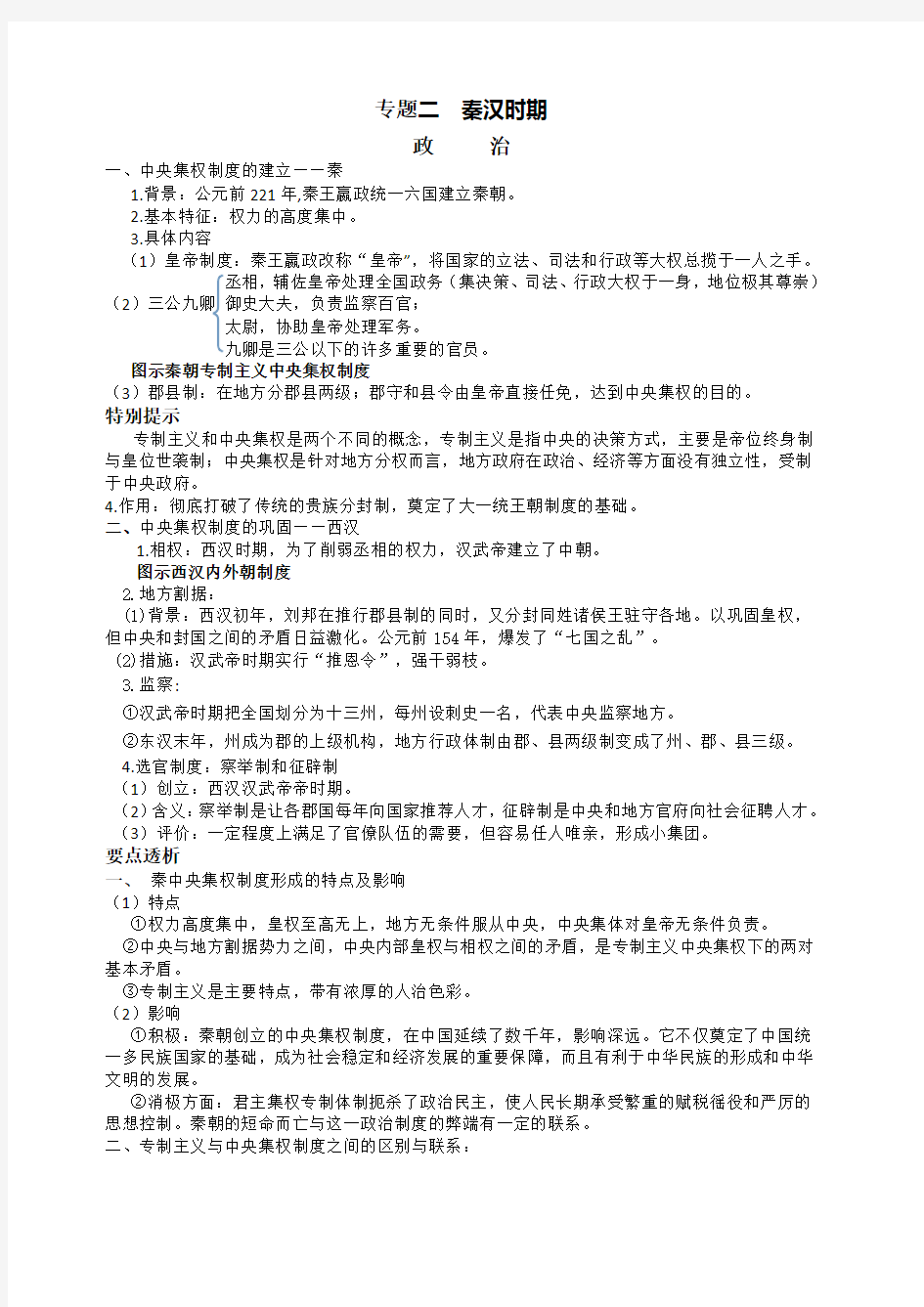 高考通史复习 专题二 秦汉时期政治 经济 文化