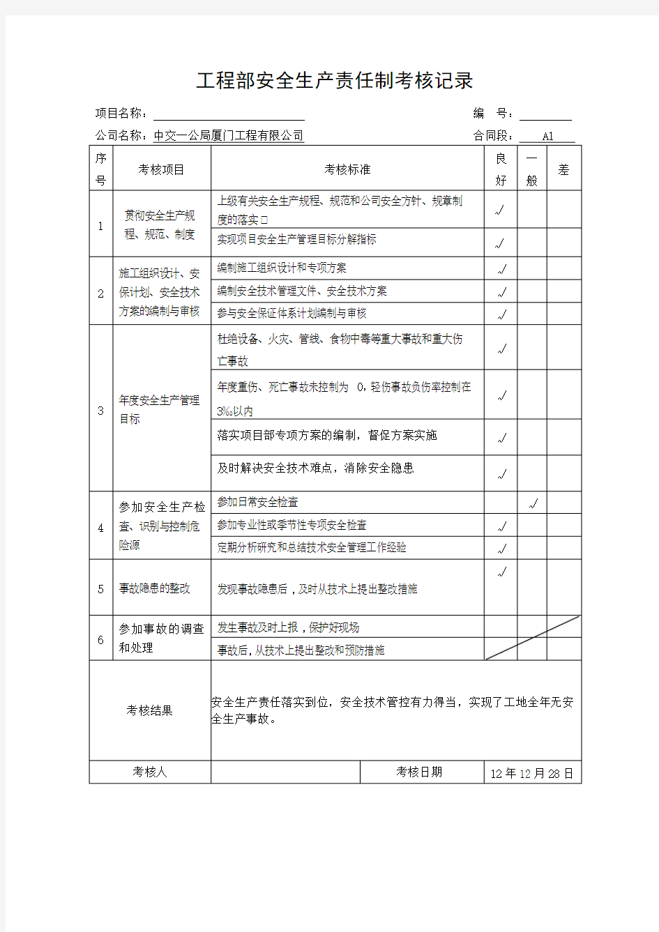 安全生产责任制考核表(全)