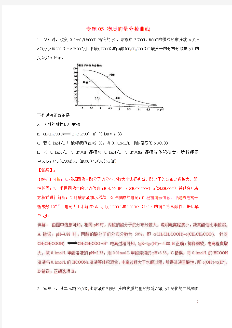 2019年高考化学一轮复习酸碱中和滴定曲线大全专题05物质的量分数曲线练习