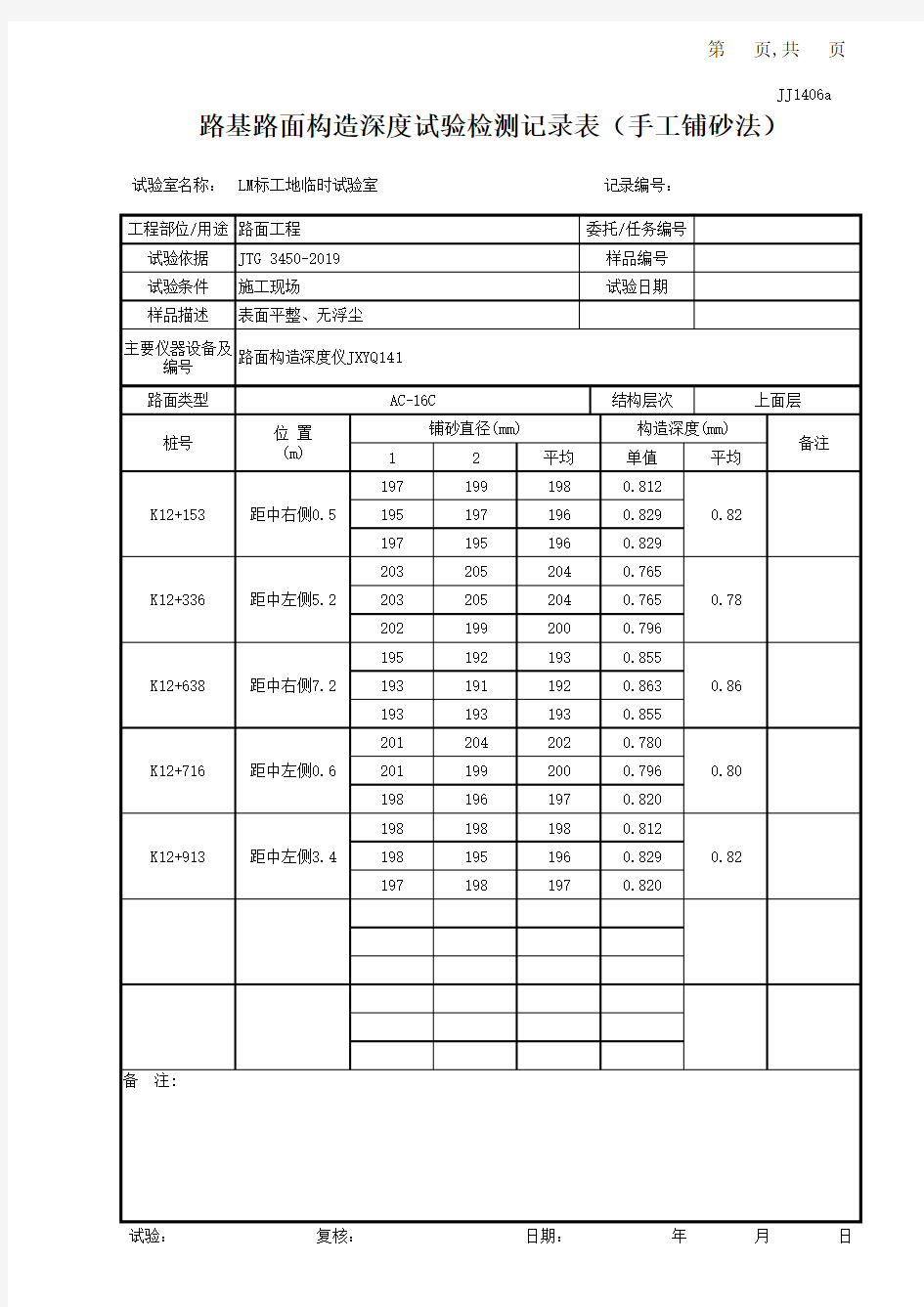 (带公式)路基路面构造深度试验检测记录表