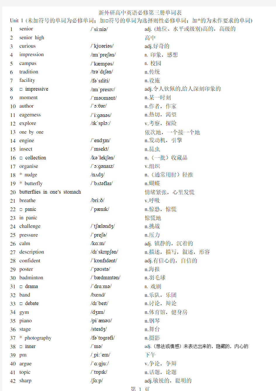 最新外研版高中英语必修一单词表——第一单元