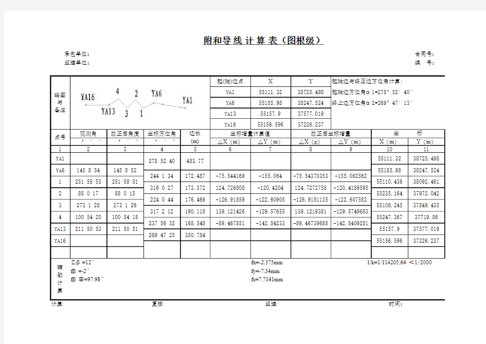 附合导线计算表(四点计算)