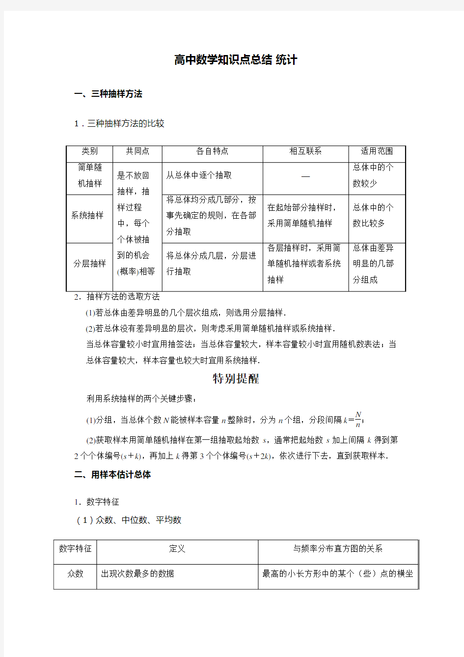 高中数学知识点总结 统计