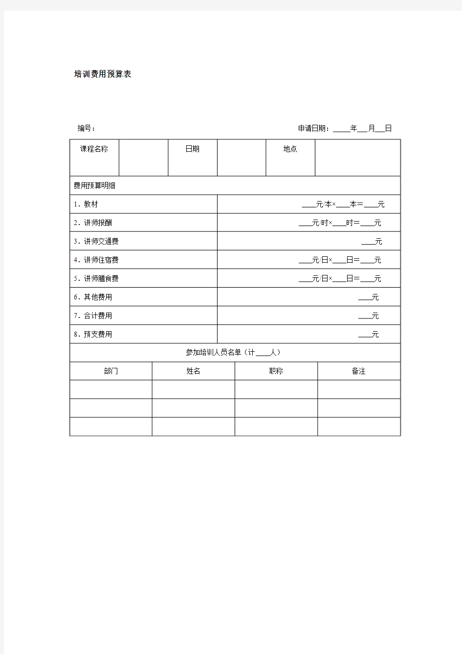 培训费用预算表(doc格式)