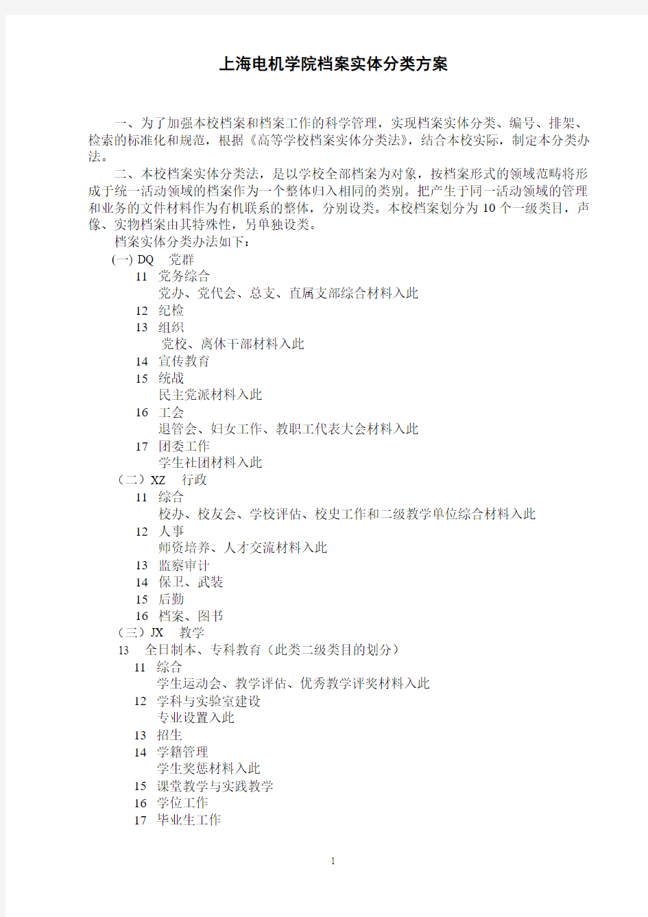 上海电机学院档案实体分类方案