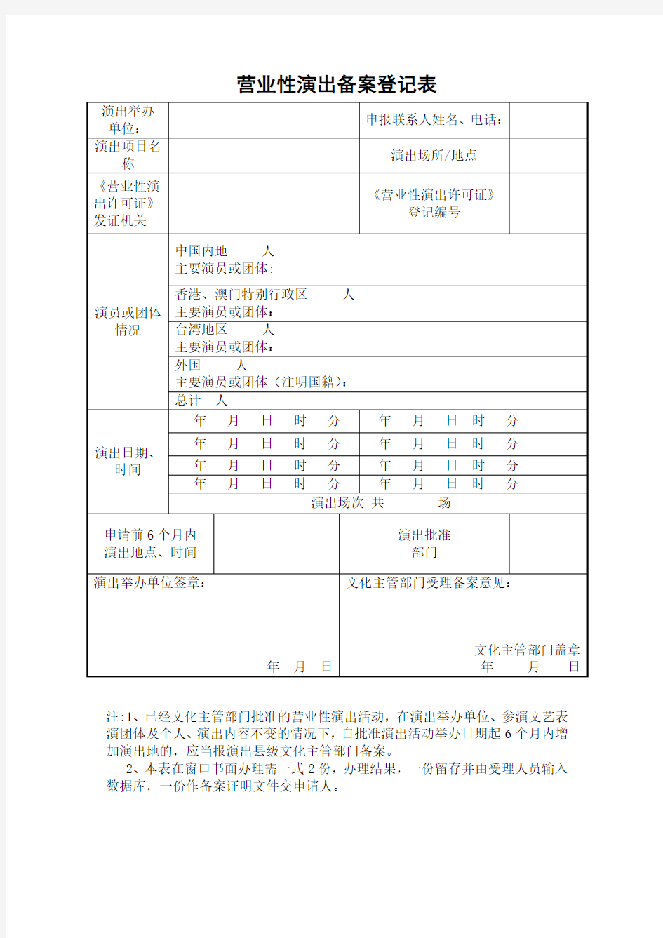 营业性演出申请登记表