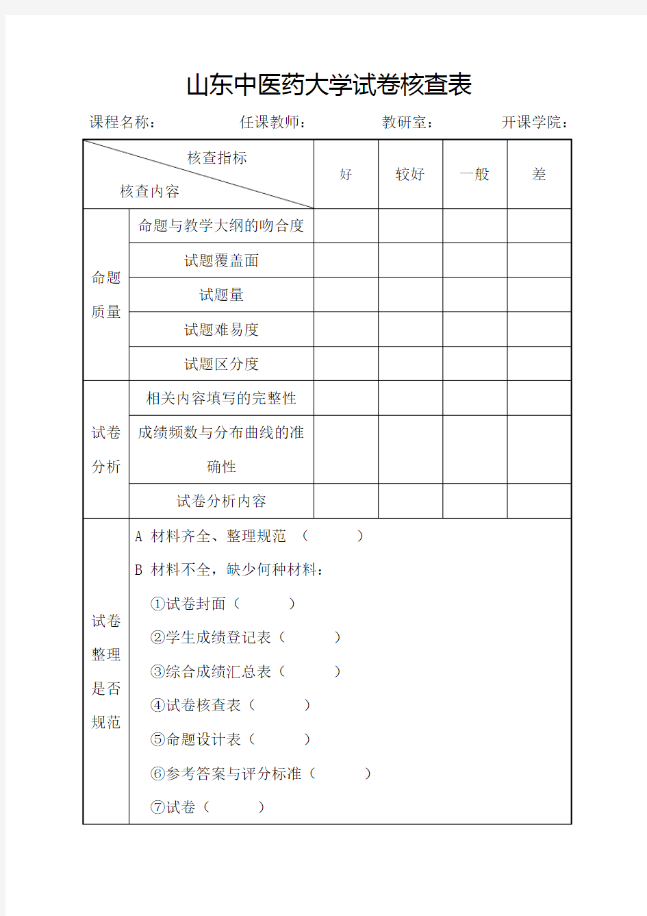 山东中医药大学试卷核查表