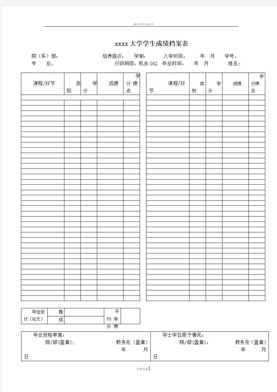 大学毕业生成绩单表格模板