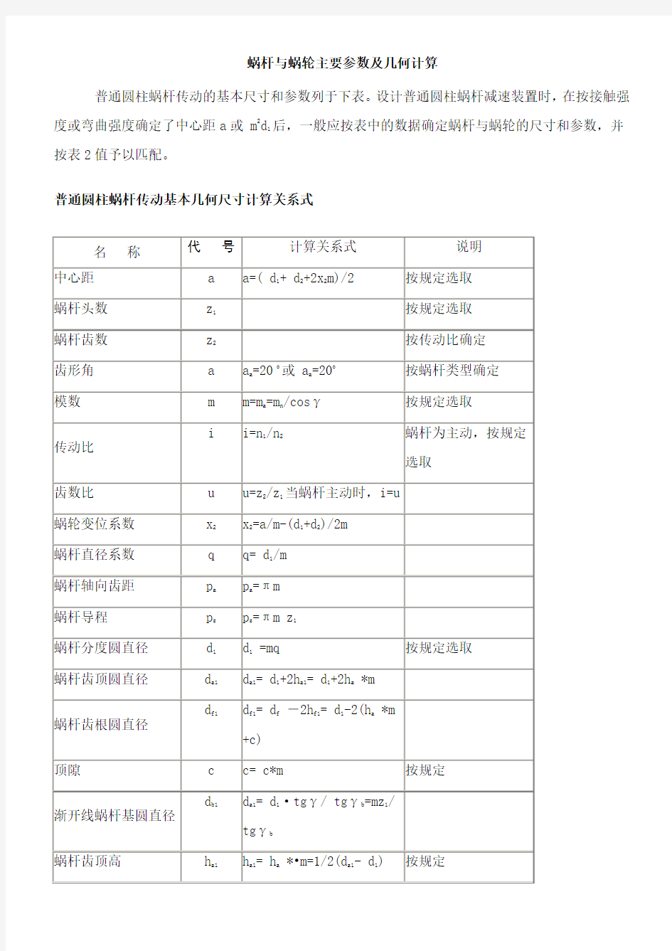 蜗杆与蜗轮主要参数计算