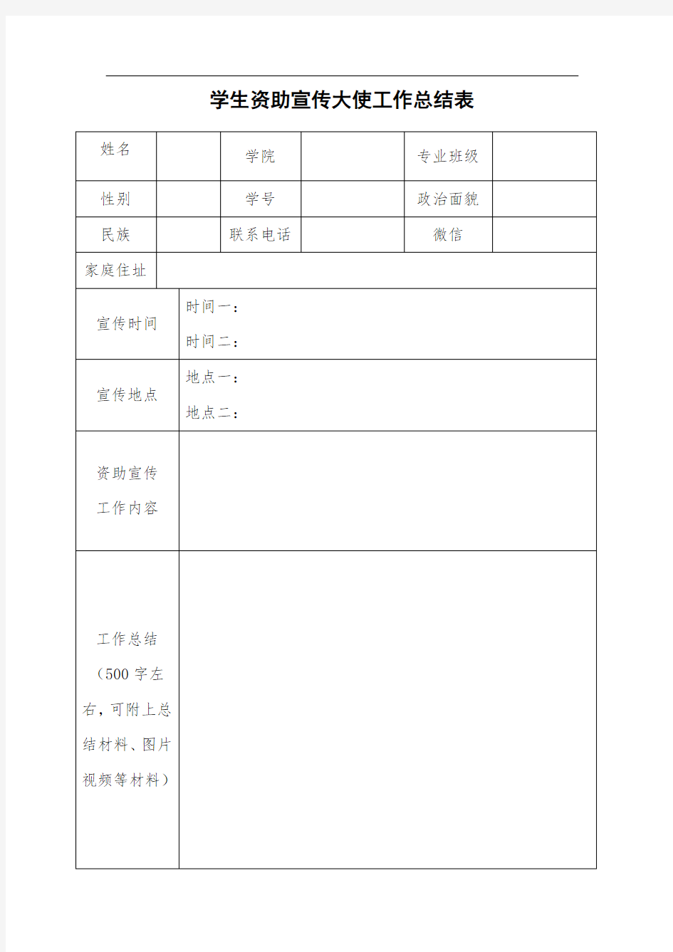 学生资助宣传大使工作总结表