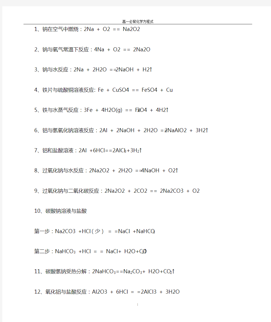 (完整版)高一化学必背的化学方程式