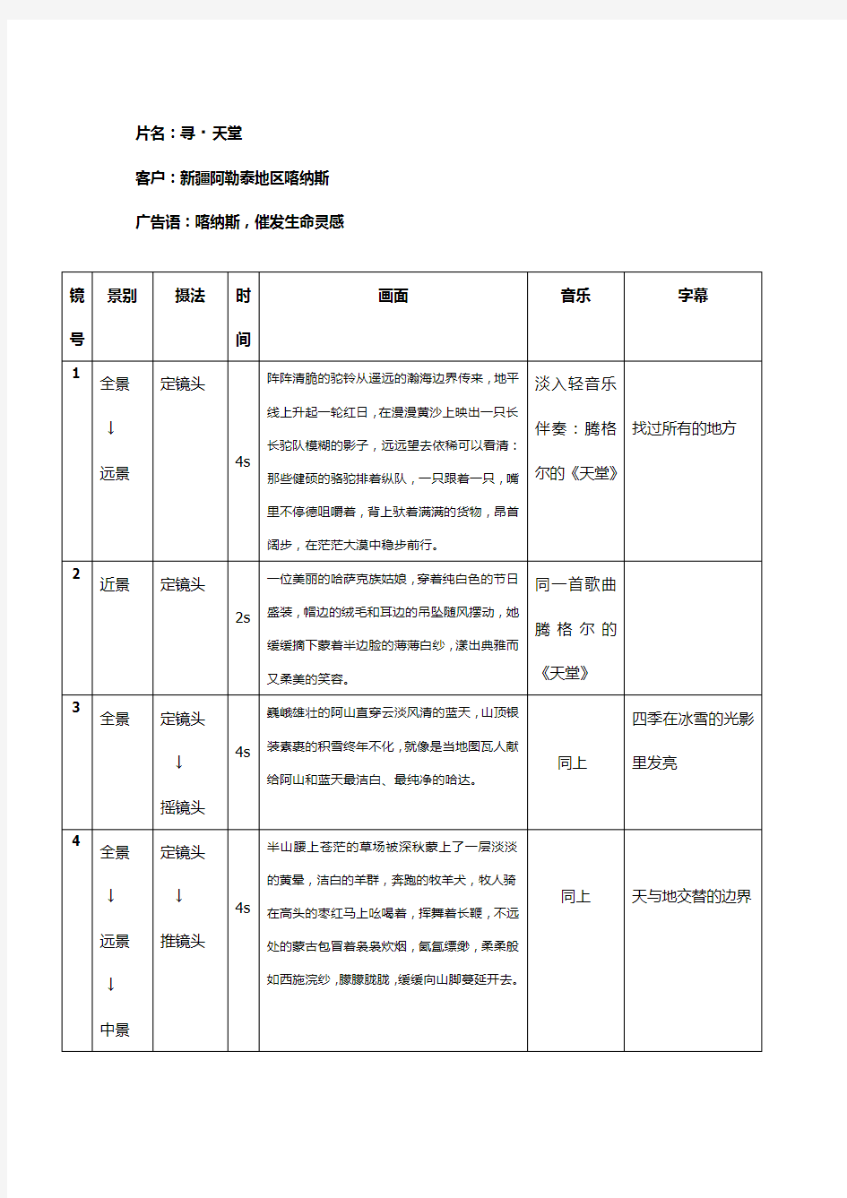 影视广告分镜头脚本模板