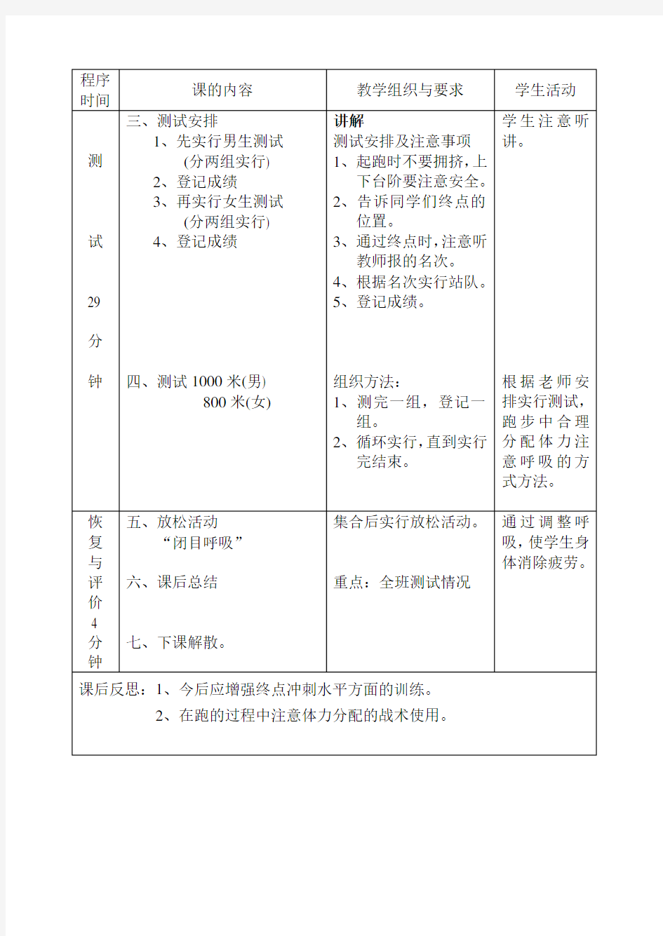 初中九年级体育教案1000米、800米测试