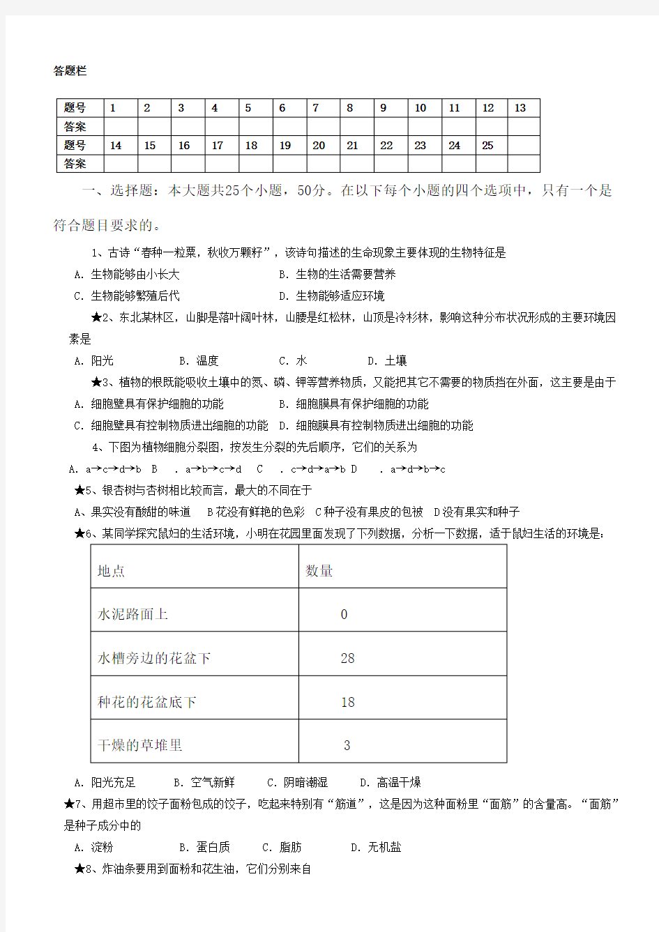 人教版生物中考模拟试题及答案