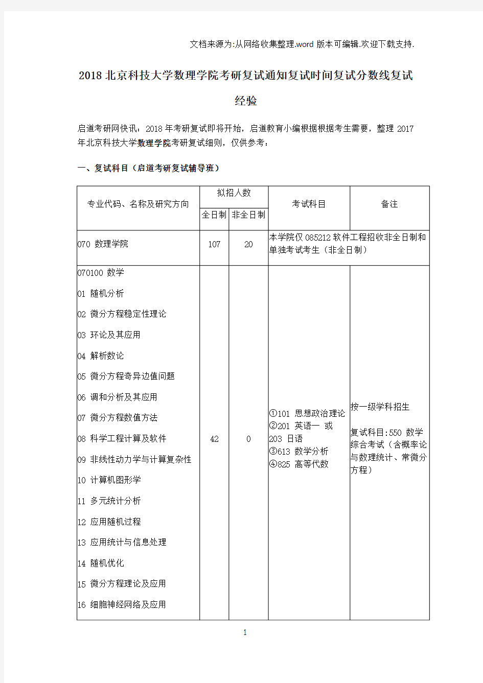 2018年北京科技大学数理学院考研复试通知复试时间复试分数线复试经验