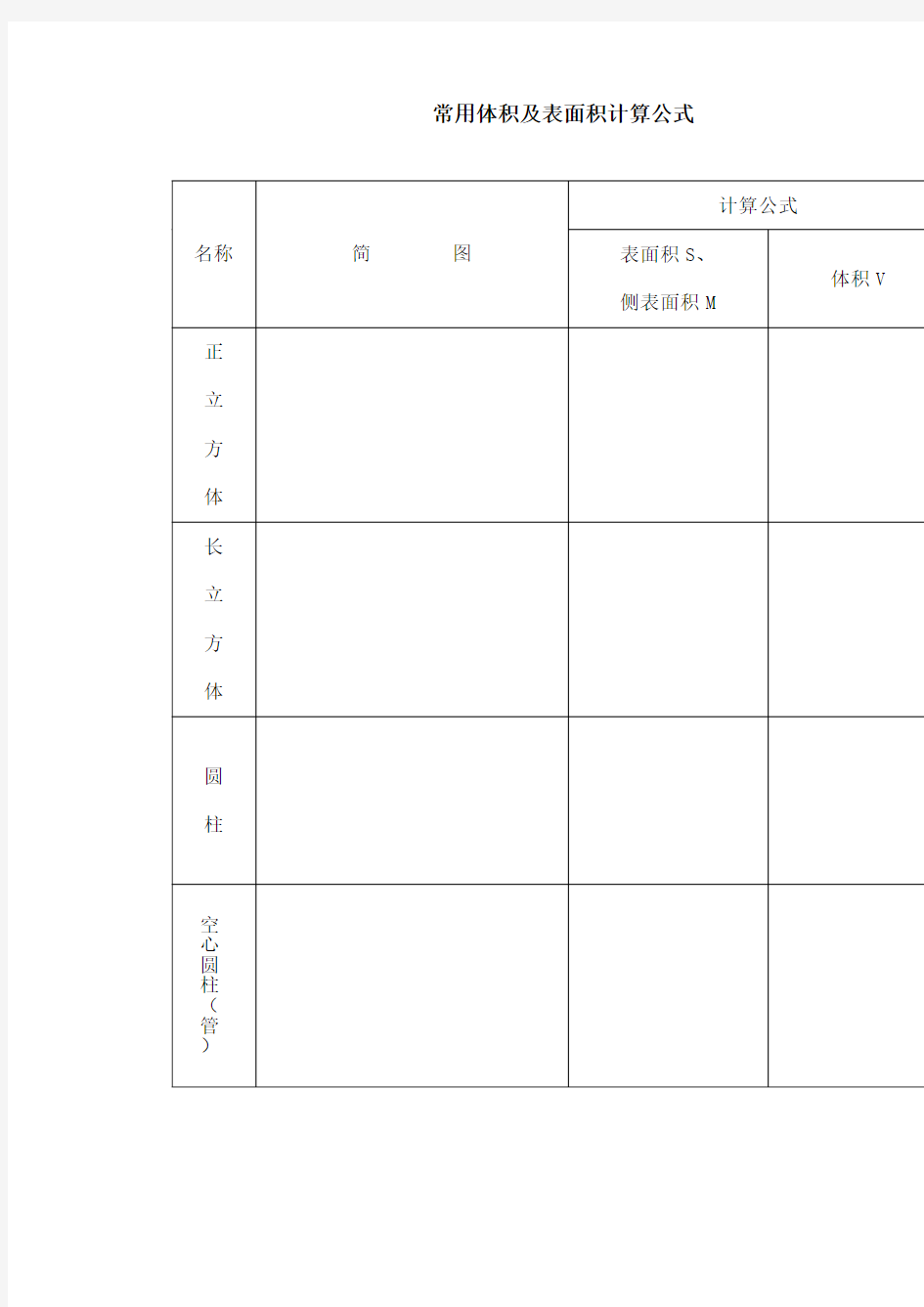 各形状物体体积计算公式