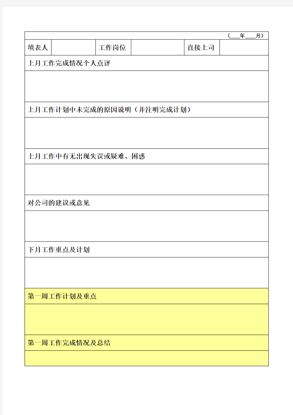 月工作计划及总结表模板