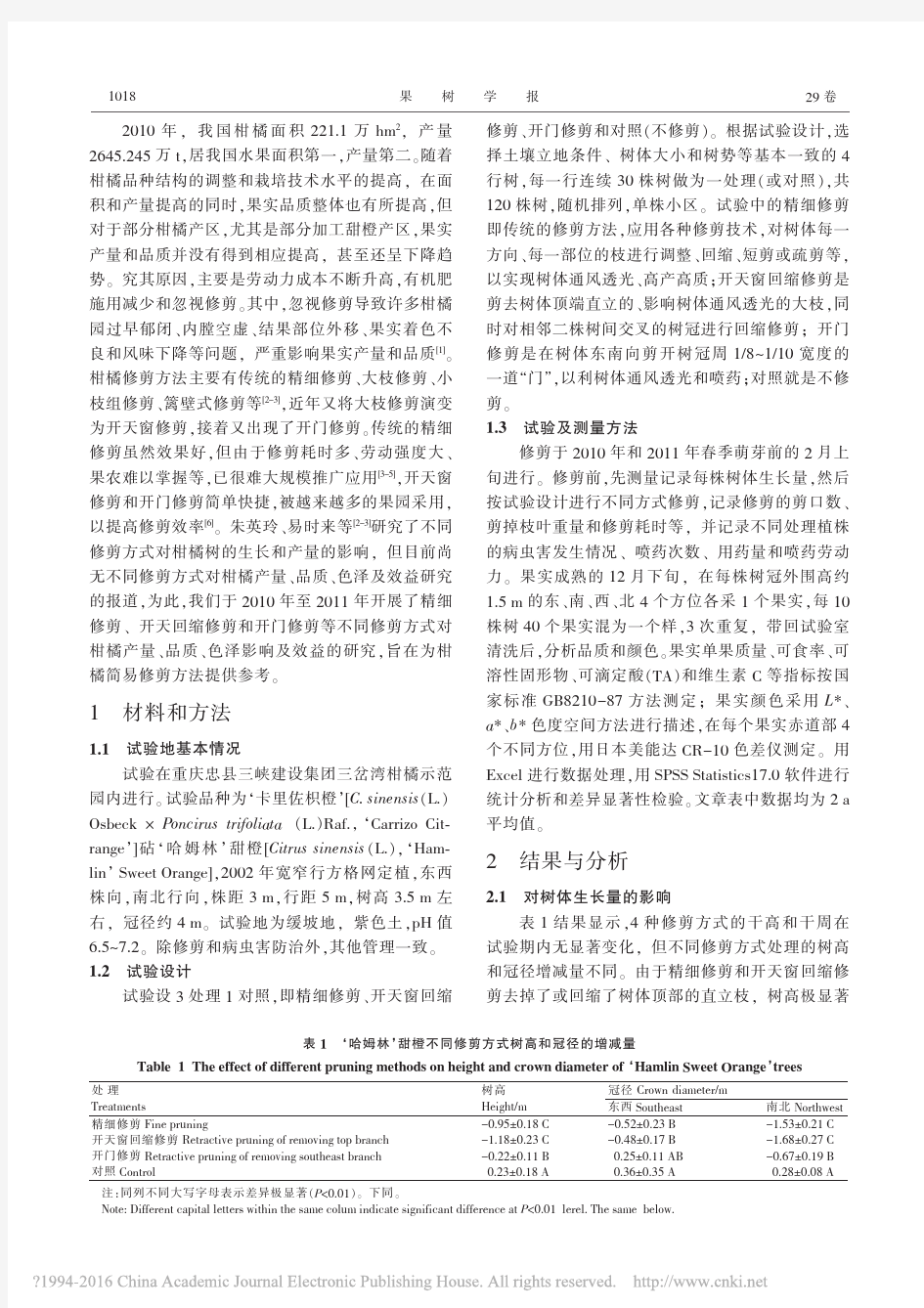 不同修剪方式对柑橘产量_品质的影响及效益研究_江才伦