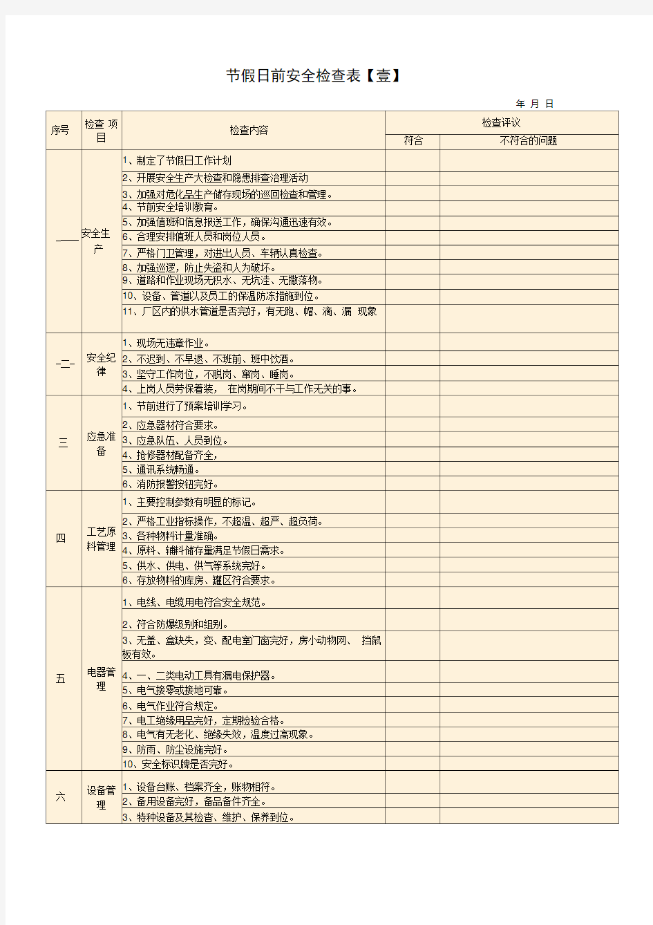 节假日前安全检查表汇编10套1630