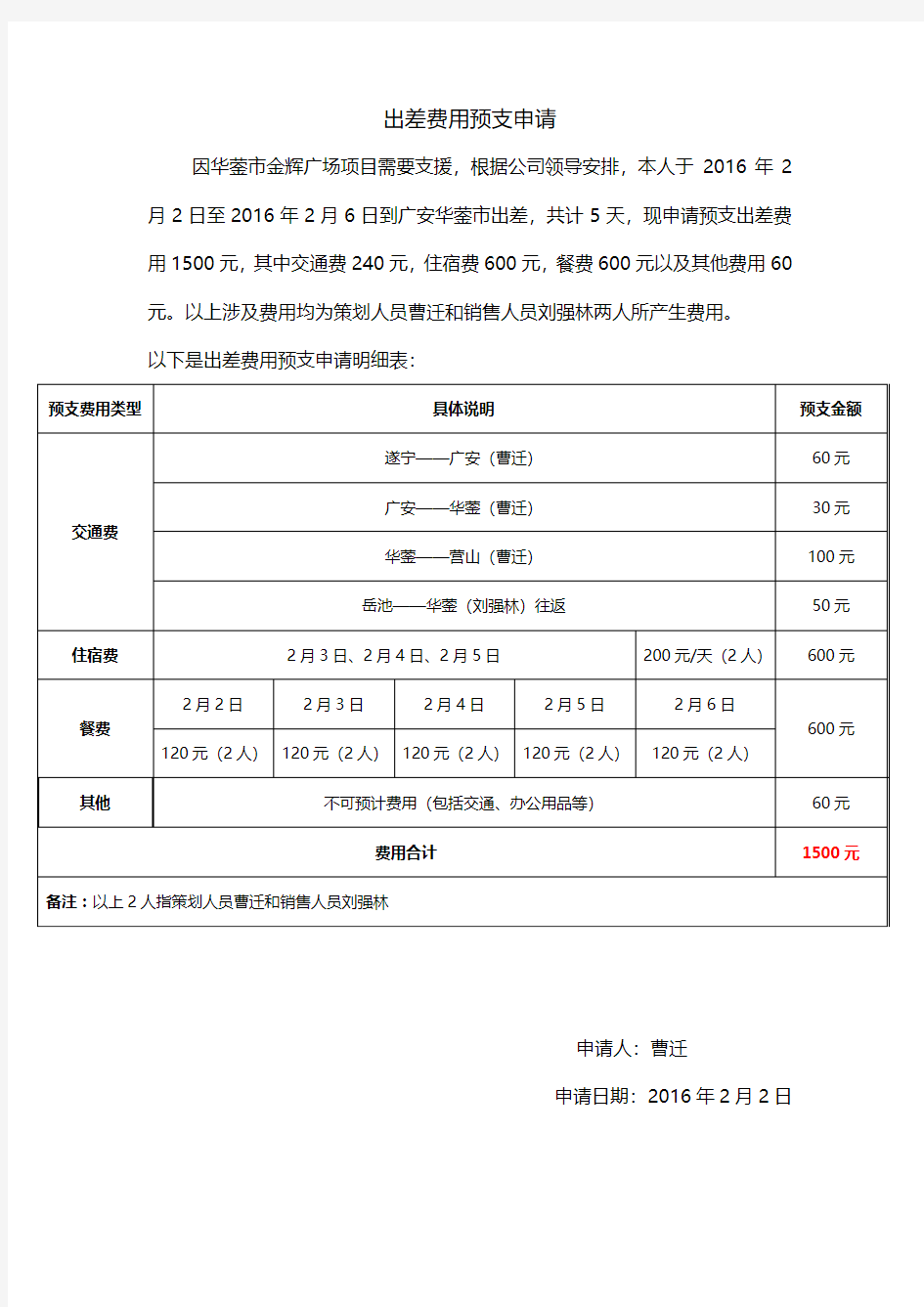 出差费用预支申请