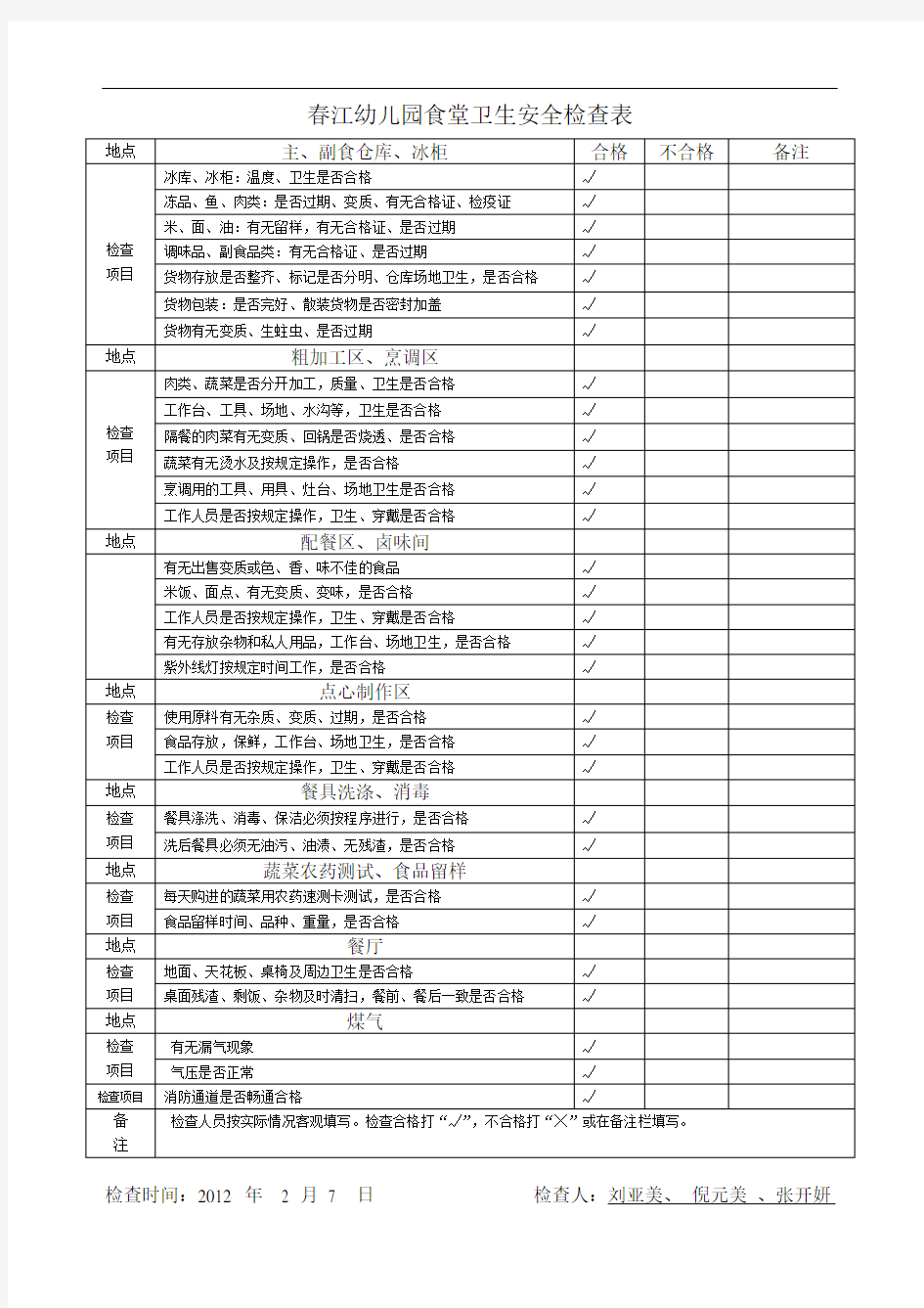 春江幼儿园食堂卫生安全检查表