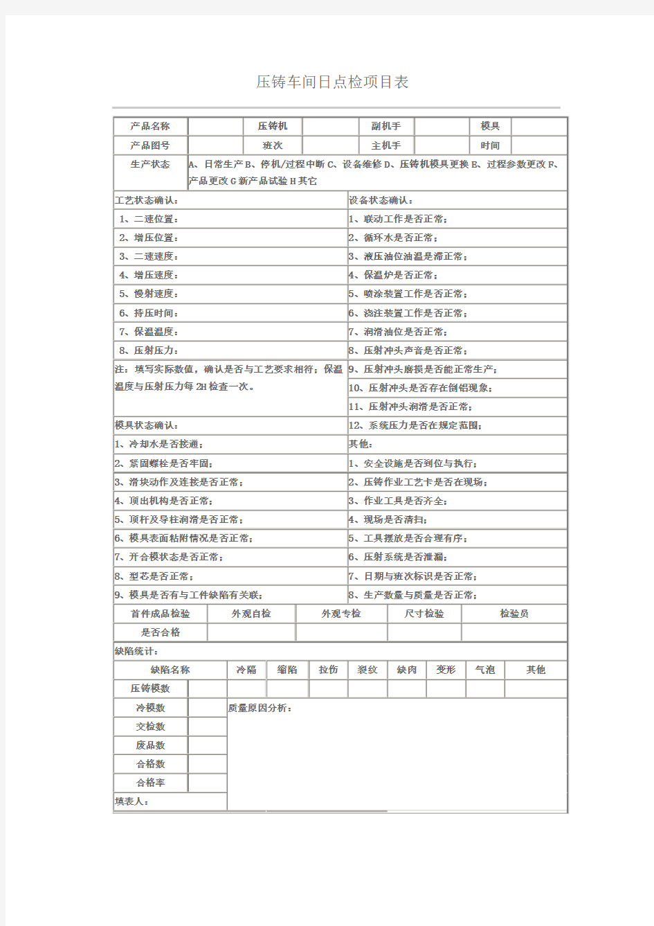 压铸机点检表