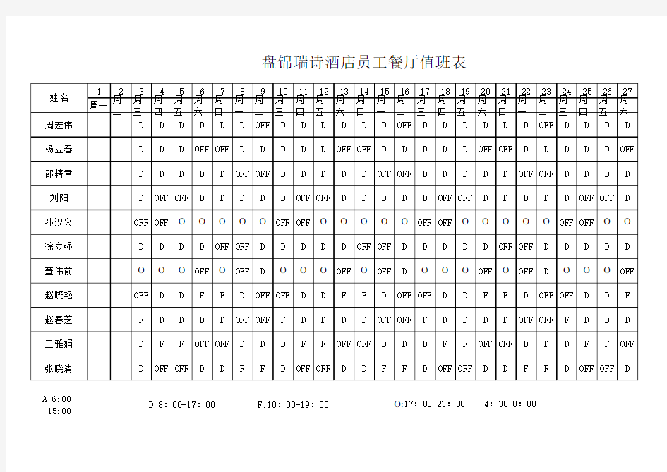 员工食堂值班表