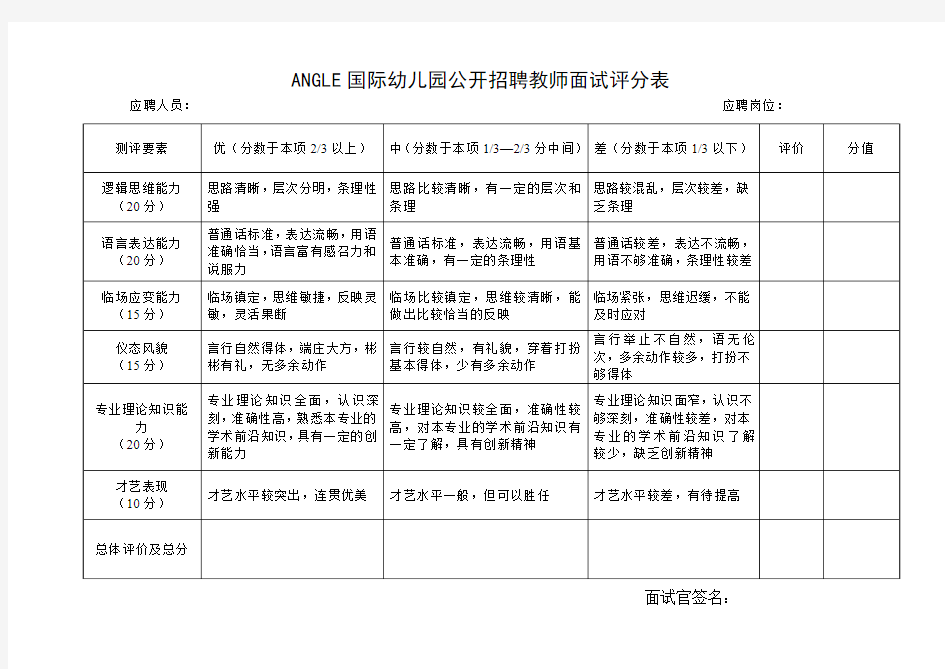 教师面试评分表