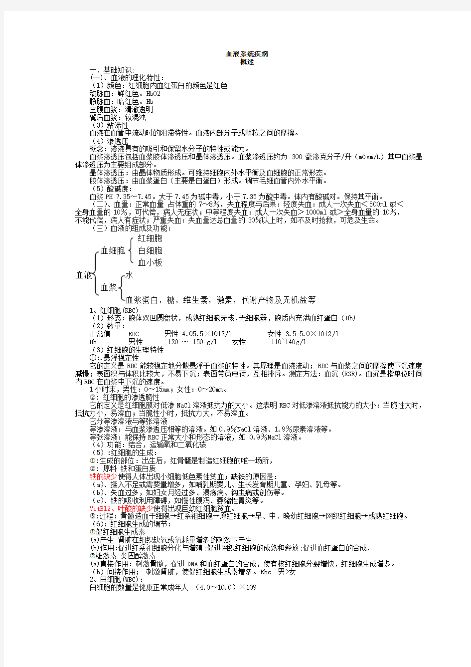 内科学 血液系统疾病 总结 重点 笔记