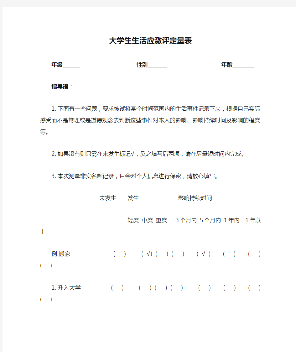 大学生生活应激评定量表