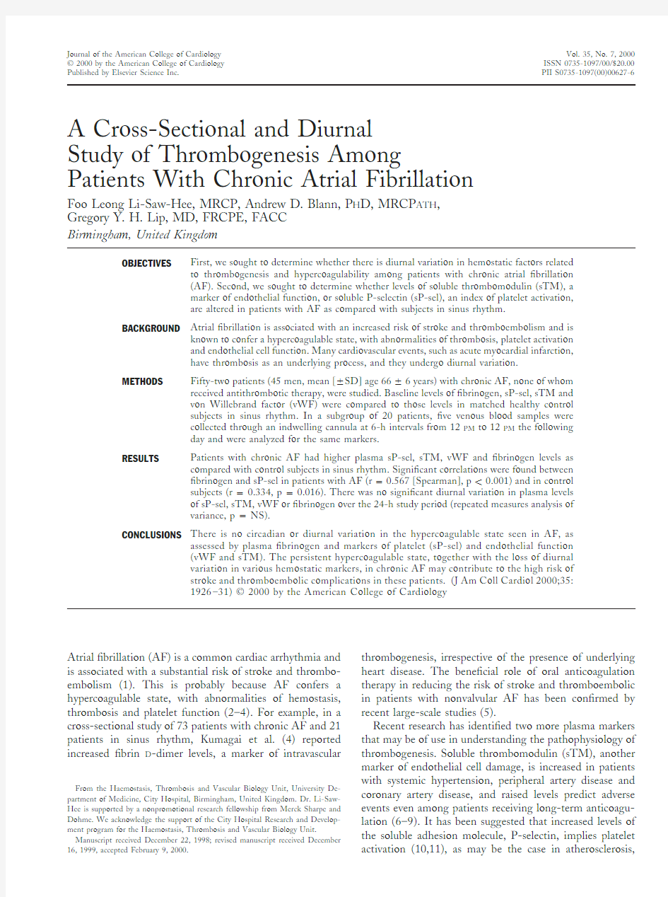 A cross-sectional and diurnal study of thrombogenesis among patients with chronic atrial fibrillati