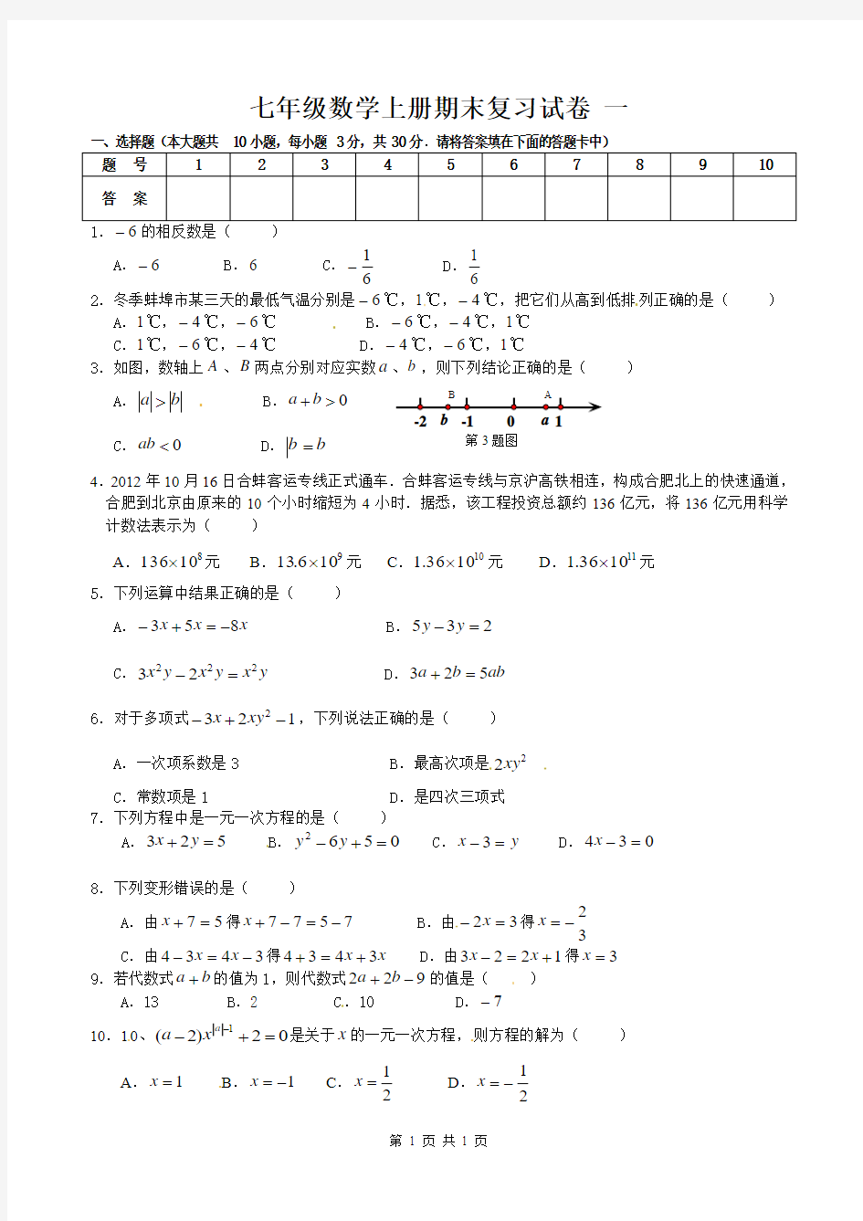 精品 七年级数学上册期末综合测试题及答案 3套