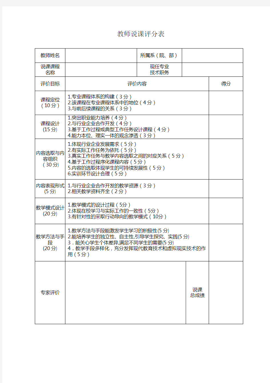 教师说课评分表