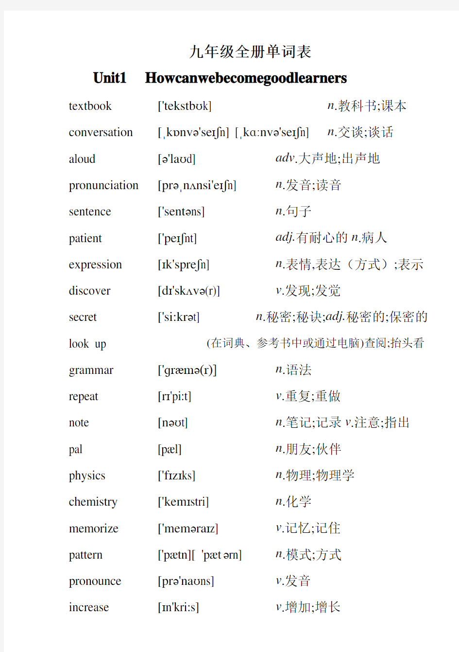 2015年人教版九年级英语单词表