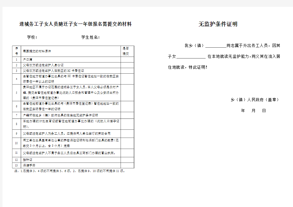 进城务工子女人员随迁子女一年级报名需提交的材料