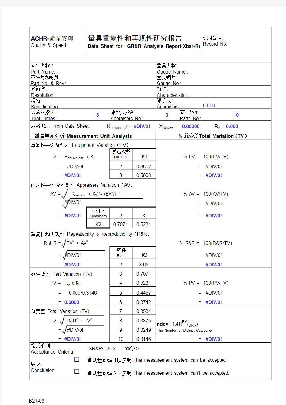 MSA-GRR测量系统分析报告表格