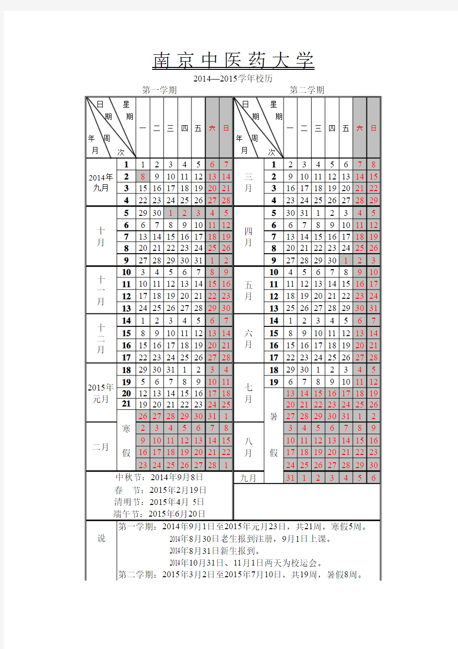 南京中医药大学2014-2015学年校历