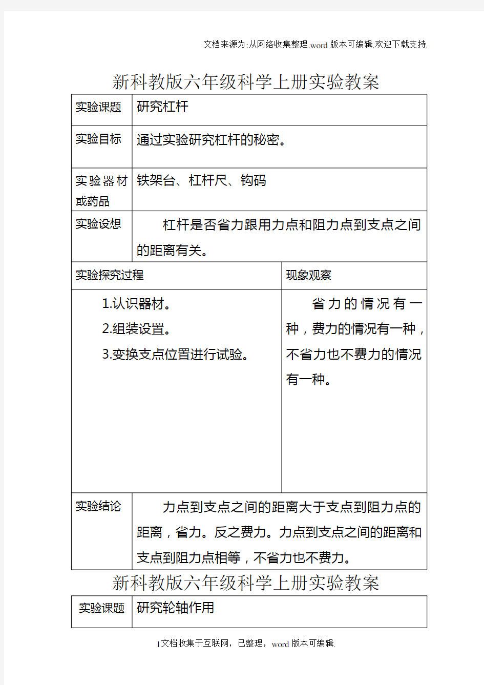 新科教出版六年级科学上册实验教案教程