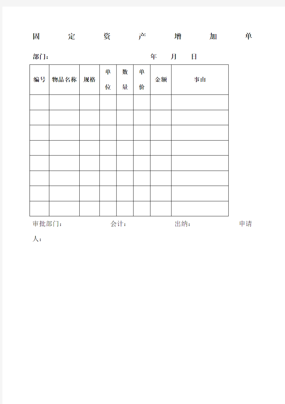 培训学校财务常用表格-固定资产增加单