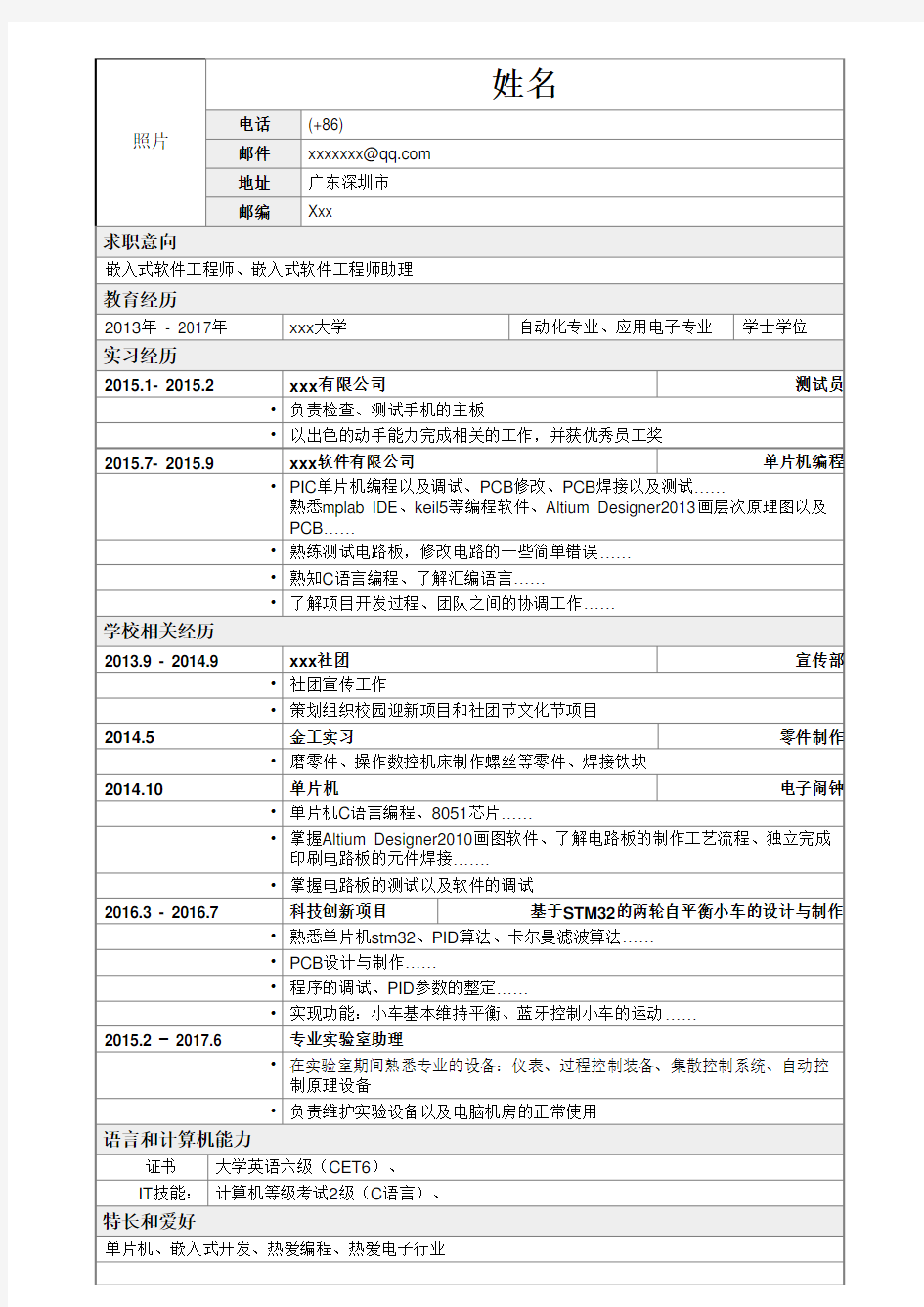 应届生应聘嵌入式软件工程师、助理工程师简历(一页式表格)