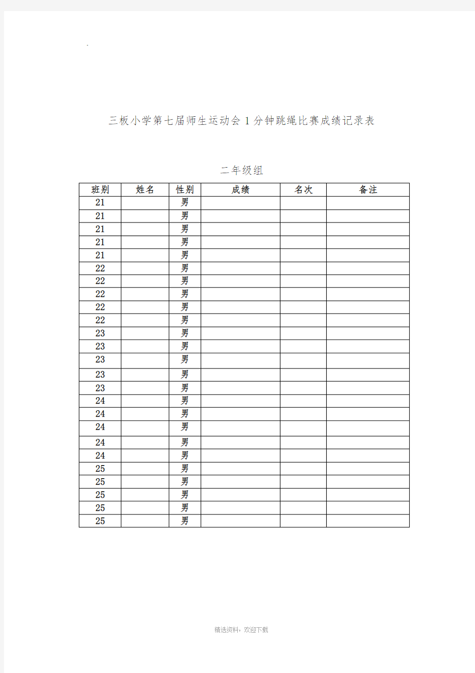 1分钟跳绳比赛成绩记录表