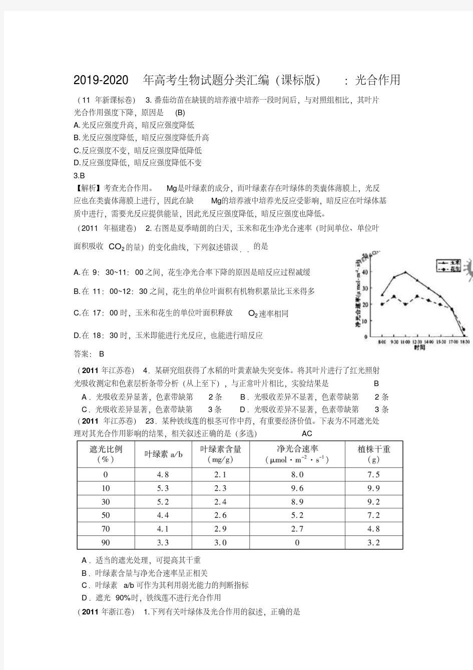 2019-2020年高考生物试题分类汇编(课标版)：光合作用