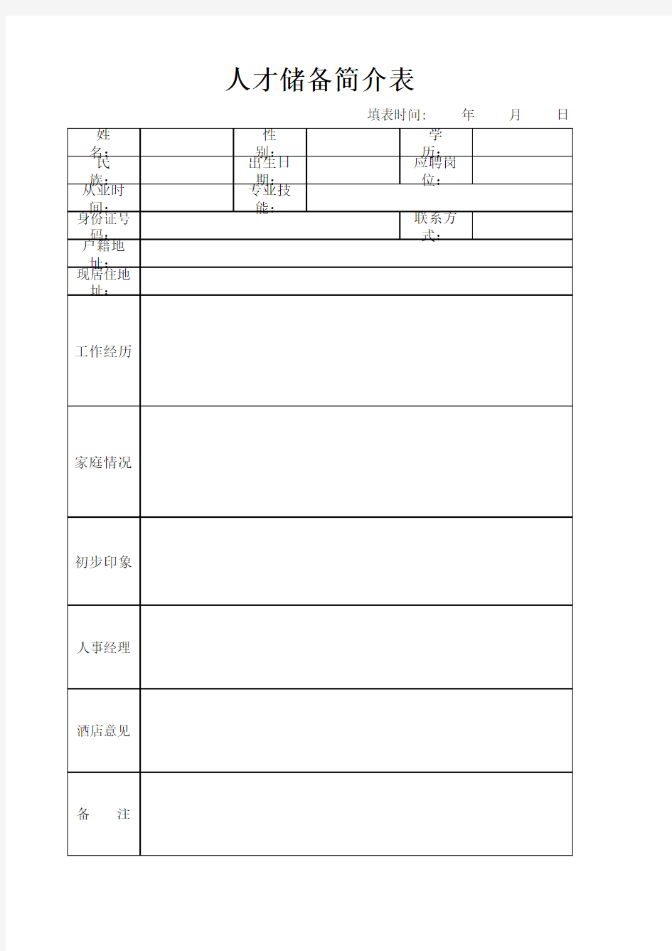 【表格】人才储备档案表